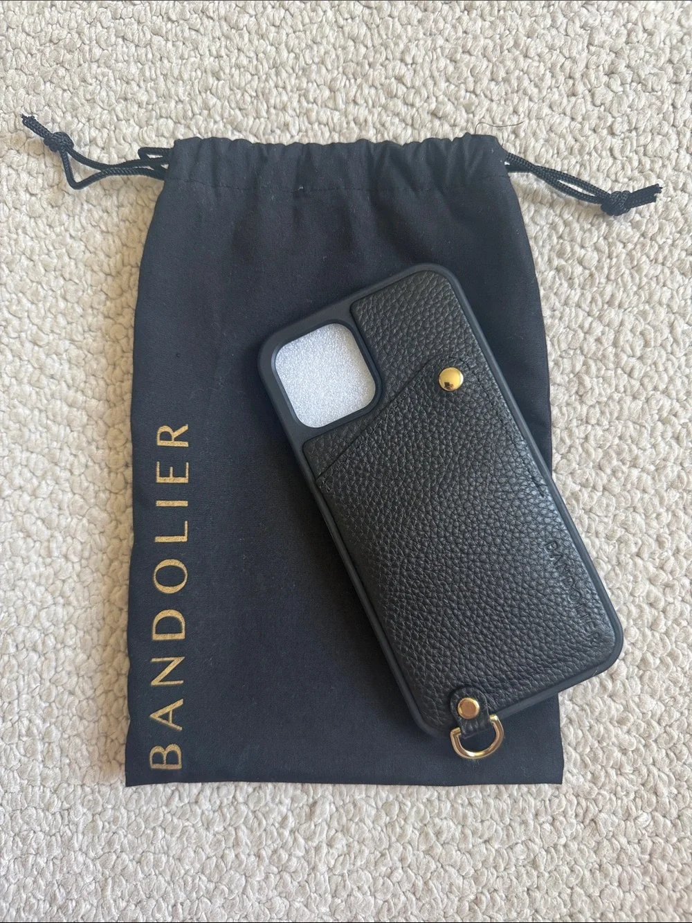 Bandolier Black Pebbled Leather iPhone 12/12 Pro Phone Case with Gold Hardware